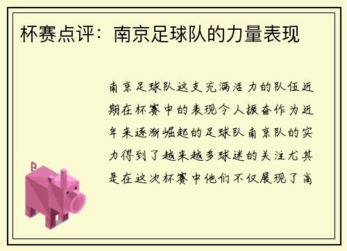杯赛点评：南京足球队的力量表现