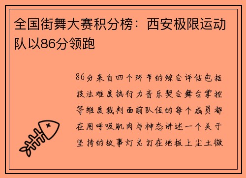 全国街舞大赛积分榜：西安极限运动队以86分领跑